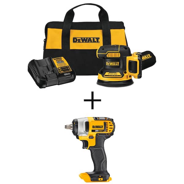 DEWALT 20V MAX XR Cordless Brushless 5 in. Random Orbital Sander and 20V 3/8 in. Impact Wrench with 2.0Ah Battery and Charger