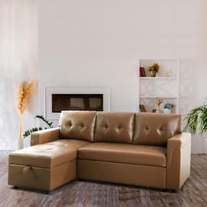49.61 in. Square Arm 1-Piece Faux Leather L-Shaped Sectional Sofa in Mocha with Chaise
