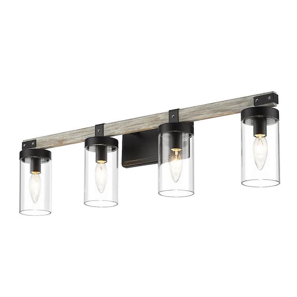 pasentel 28.5 in. 4-Light Matte Black and Light Wood Grain Bathroom Vanity Light with Clear Glass Shades