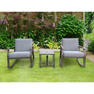 Brown 3-Piece Metal Rectangular Outdoor Bistro Set with Gray Cushions Rocker Set Chair and Teapoy