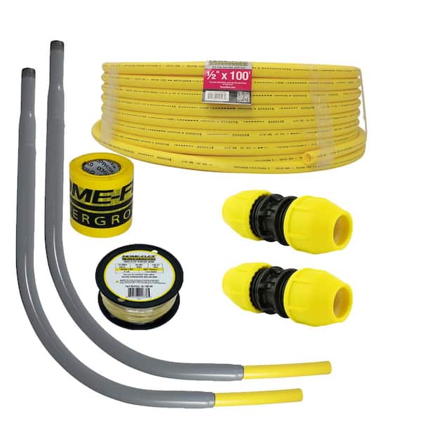 HOME-FLEX Underground 1/2in IPS New Install Kit (1)1/2inx100ft Pipe, (2)1/2in Couplers, (2)1/2in Meter Risers, Gas Line Detection