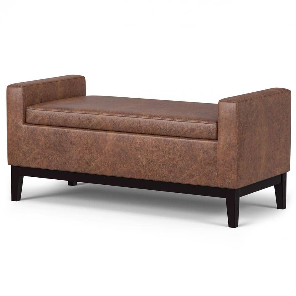 Amber 48" Distressed Saddle Brown Faux Leather Storage Ottoman