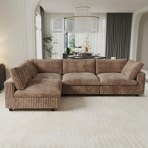 Lawson Cloud Couch 157 in. Square Arm Faux Rabbit Fur Velvet Down Filled Modular Sofa with Washable Covers in. Brown