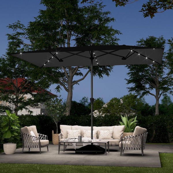 11 x 7 ft. Steel LED Large Double-Sided Rectangular Outdoor Market Patio Umbrella with Crank in Black