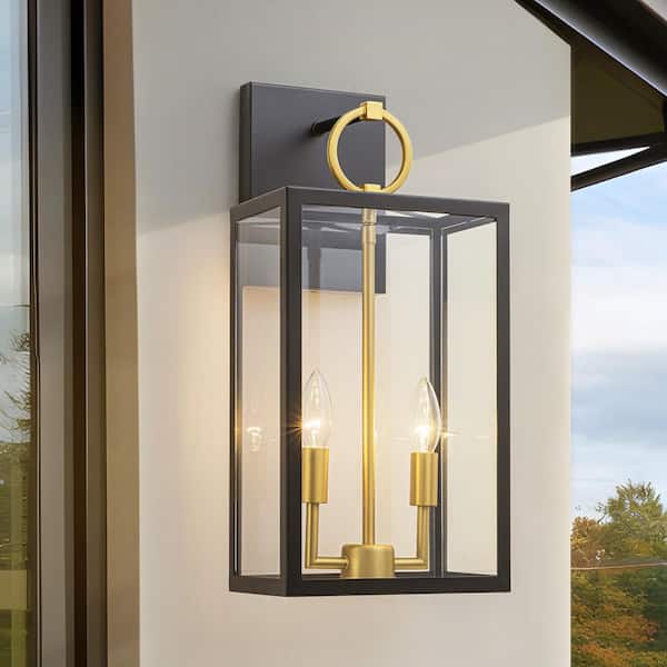 Rowan 8.86 in. 2-Light Modern Black and Brass Lantern Outdoor Wall Sconce with Clear Glass
