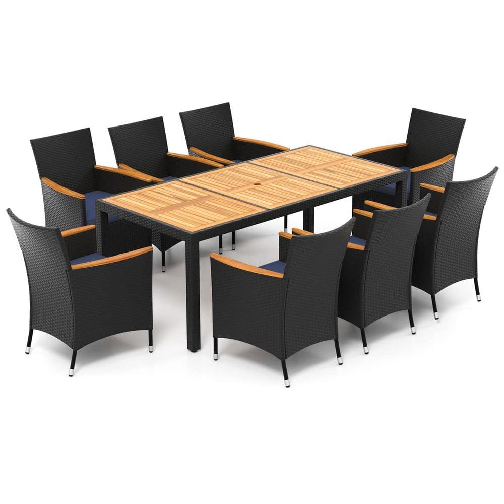 9-Piece Wicker Outdoor Dining Set with Acacia Wood Tabletop, 1.97 in. Umbrella Hole, Navy Cushion price history on PriceWatchPro