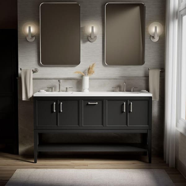 Winnow 60 in. Double Sink Freestanding Slate Grey Bath Vanity with White Quartz Top Assembled