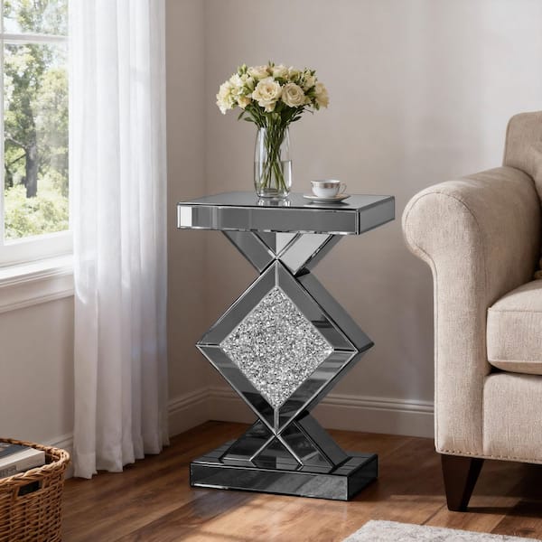 15.75 in. W x 23 in. H Gray Mirrored Glass Pedestal End Table With Crystal Inlay
