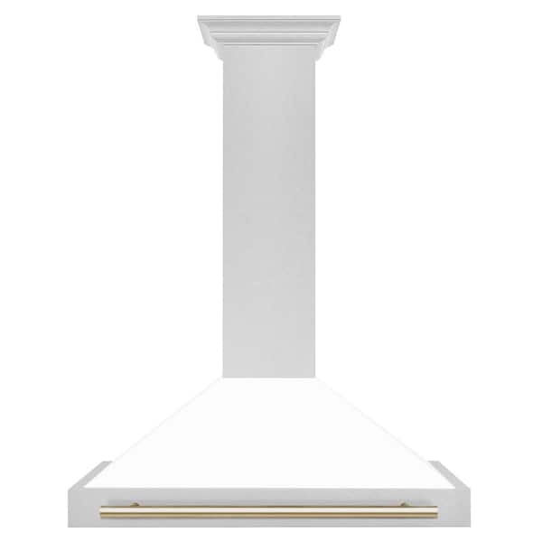 8654SNZWM36CB by Zline Kitchen and Bath - 36 in. ZLINE Autograph Edition  DuraSnow Stainless Steel Range Hood with White Matte Shell and Accented  Handle (8654SNZ-WM36) [Color: Champagne Bronze]