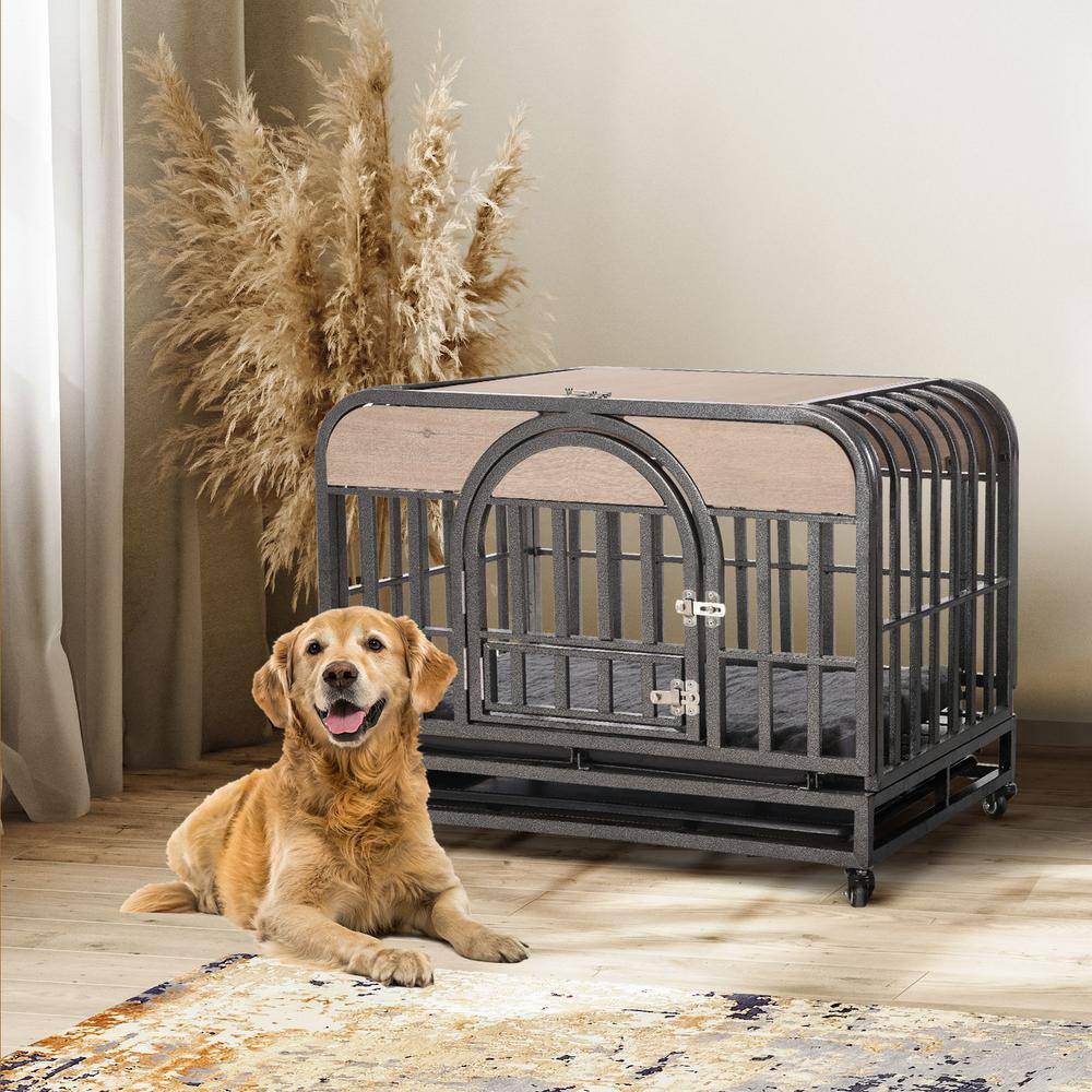 37-Inch Gray Rolling Heavy-Duty Dog Crate with Removable Trays