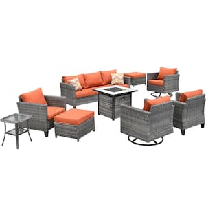 Lake Powell Gray 9-Piece Wicker Patio Conversation Fire Pit Seating Set with Orange Red Cushions