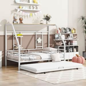 White Metal Frame Twin Size House Platform Bed with Trundle, Roof, Built-In Shelf and Grid