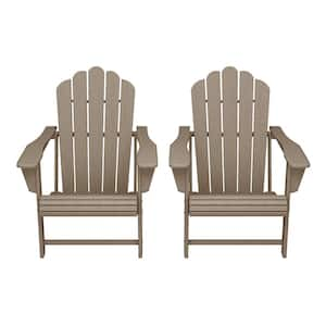 Aderson Set of 2 All Weather Fade Resistant Outdoor Patio HDPE Adirondack Chairs with Cup Holders in Weathered Wood