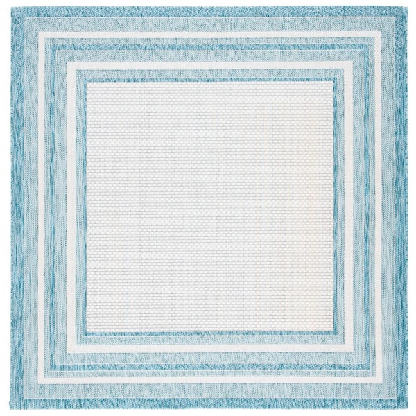 Courtyard Ivory/Aqua 10 ft. x 10 ft. Solid Color Striped Indoor/Outdoor Square Area Rug