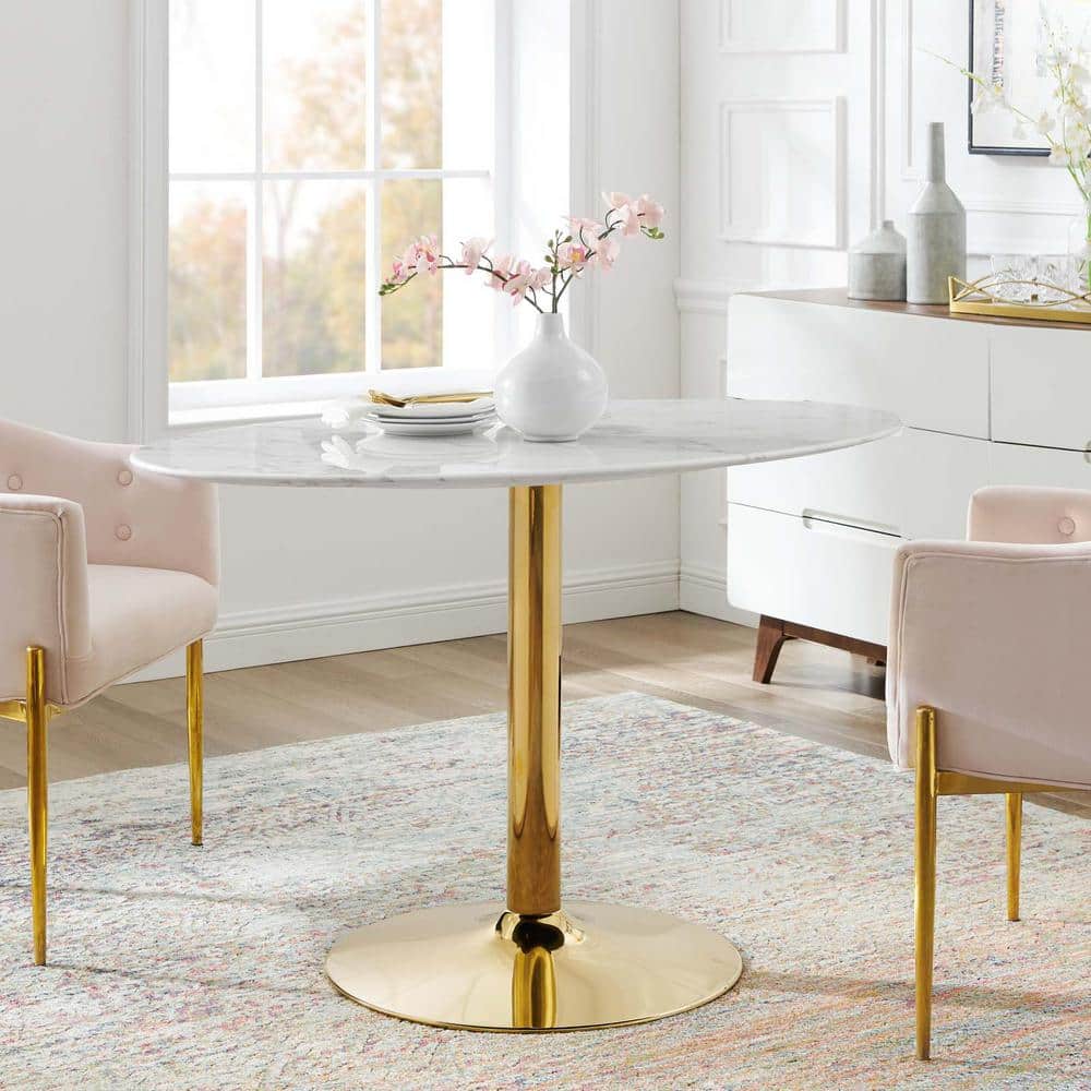 Verne White and Gold Round Marble Dining Table
