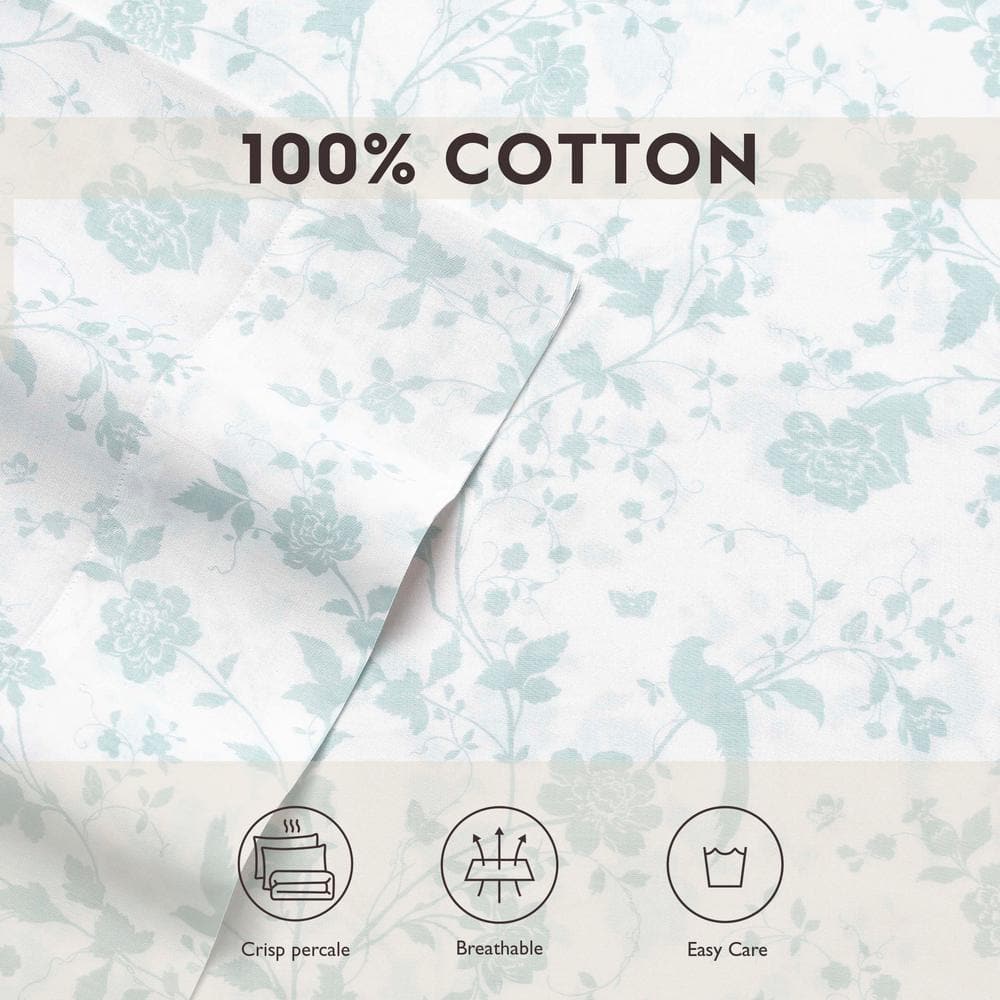 King Blue Floral Cotton Sateen Sheet Set