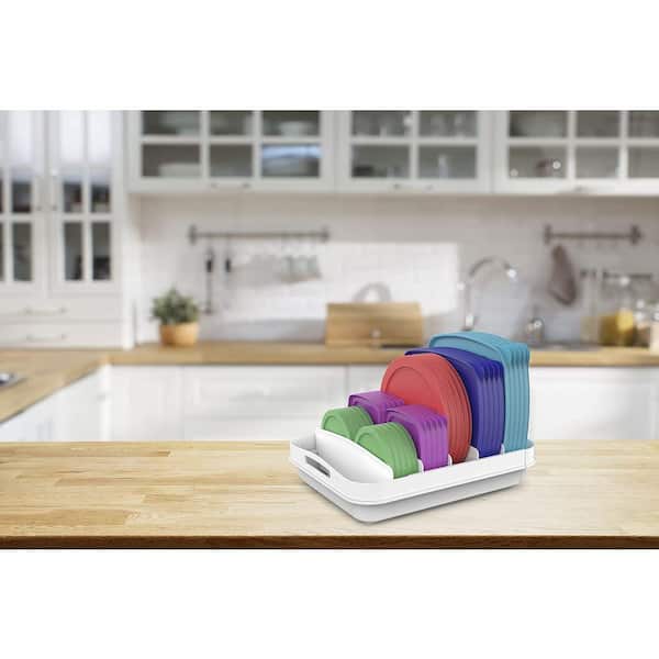 White Extendable Food Container Lid Drawer Organizer for 12 in. Deep Cabinets, Adjustable Length 13.4 in. - 20.5 in.