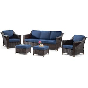 5-Piece Wicker Outdoor Patio Conversation Set Sectional Sofa and Ottomans with Blue Cushions