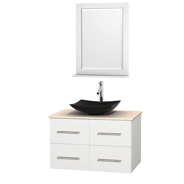 Wyndham Collection Centra 36 in. Vanity in White with Marble Vanity Top in Ivory, Black Granite Sink and 24 in. Mirror