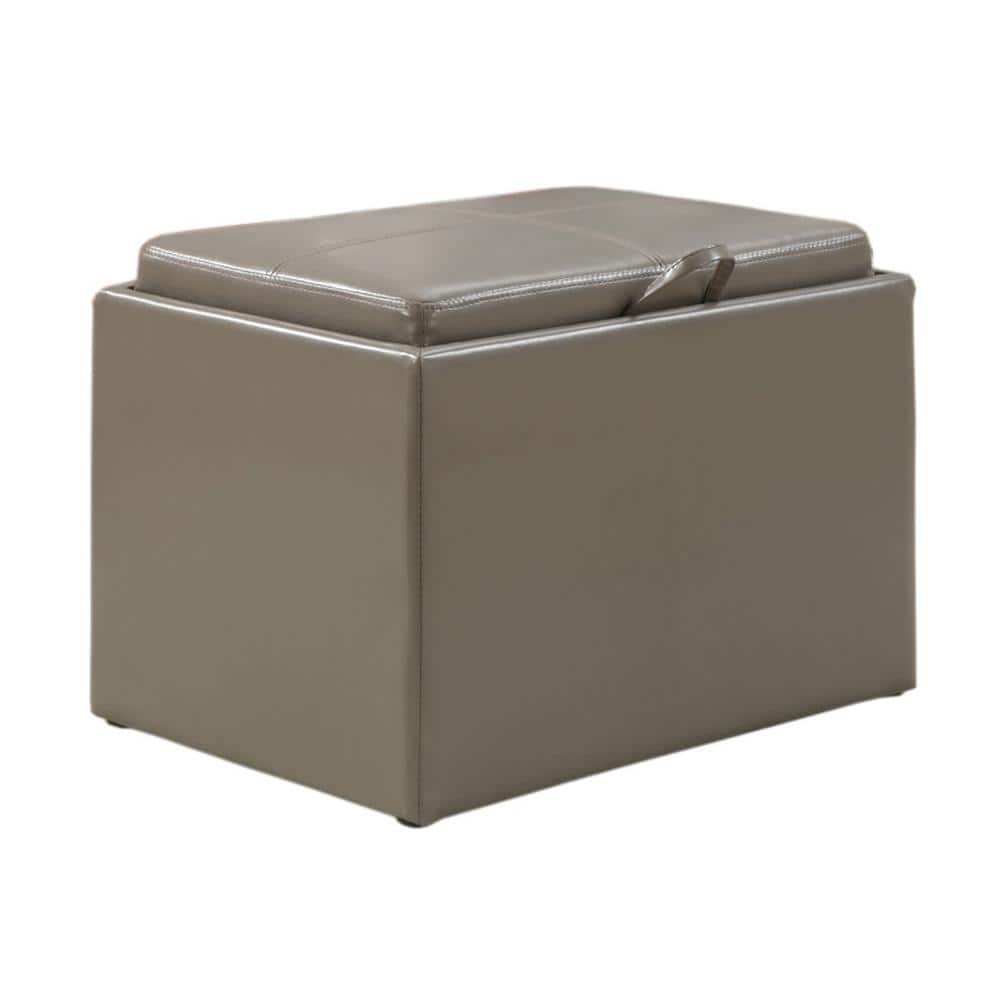 Taupe Gray Faux Leather Storage Ottoman with Reversible Tray