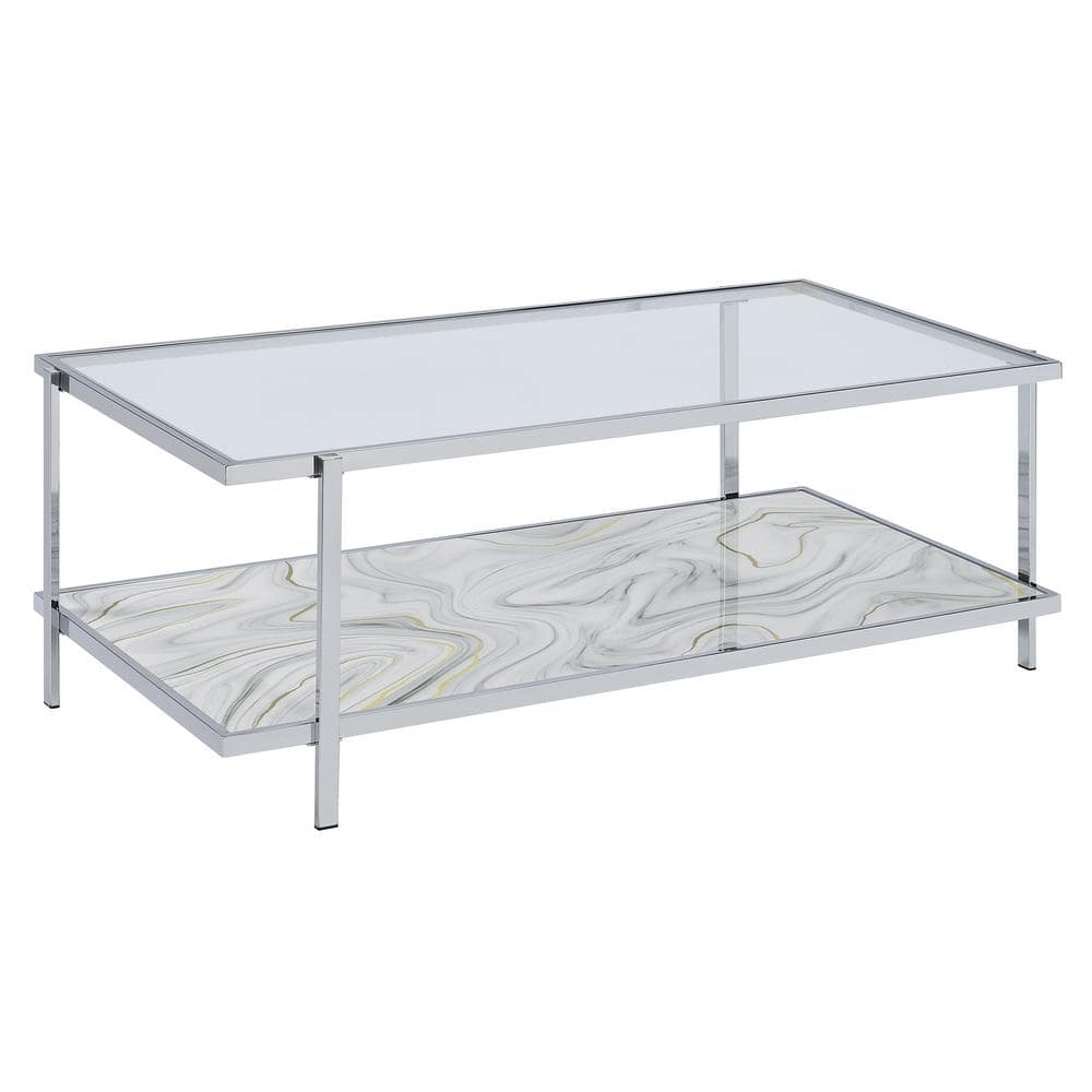 Mika 50" Rectangular Glass and Chrome Coffee Table with Faux-Stone Shelf