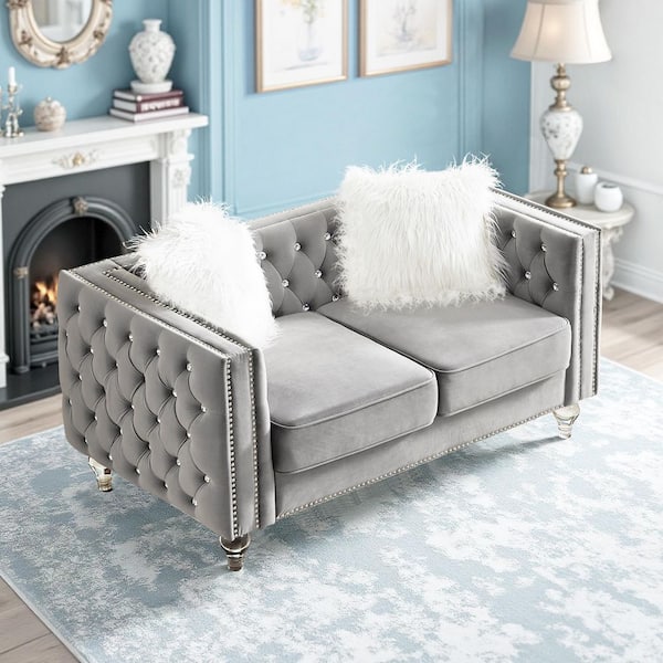 60 in. Velvet 2-Seater Crystal Tufted Button Trimmed Nailhead Loveseat Couch in Gray with Acrylic Legs & Pillows