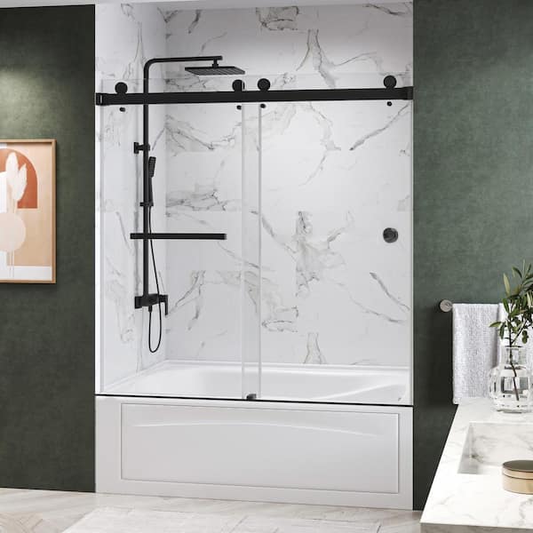 Kobiworks CatalystFP 60 in. W x 72 in. H Double Sliding Frameless Shower Door in Matte Black with 3/8 in. Clear Glass