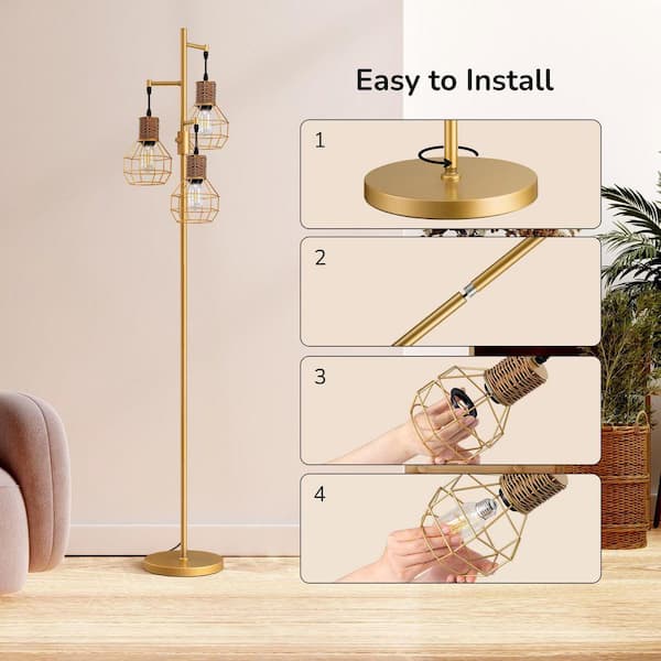 EDISHINE 65 in. Gold Industrial 3-Light Standard Smart Dimmable