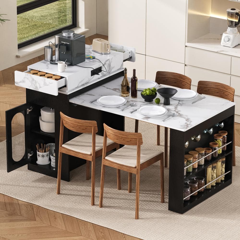 FAMYYT Black Extendable Wood Tabletop 58 in. Kitchen Island with Power ...