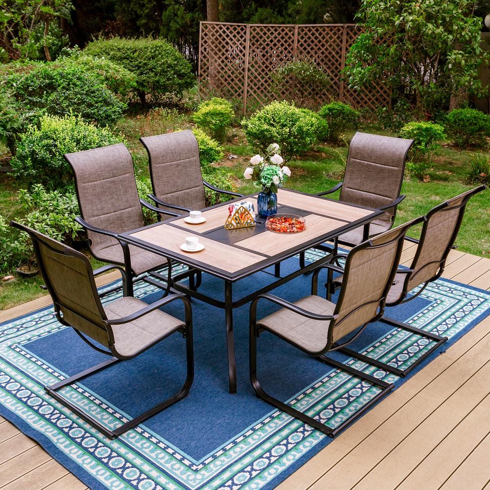 PHI VILLA Black 7-Piece Metal Outdoor Patio Dining Set with Geometric ...