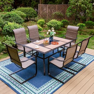 Black 7-Piece Metal Outdoor Patio Dining Set with Geometric Rectangle Table and C-Spring Textilene Chairs