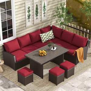 7-Piece Wicker Patio Conversation Set with Wind Red Cushions, Ottoman for Outside Garden Lawn