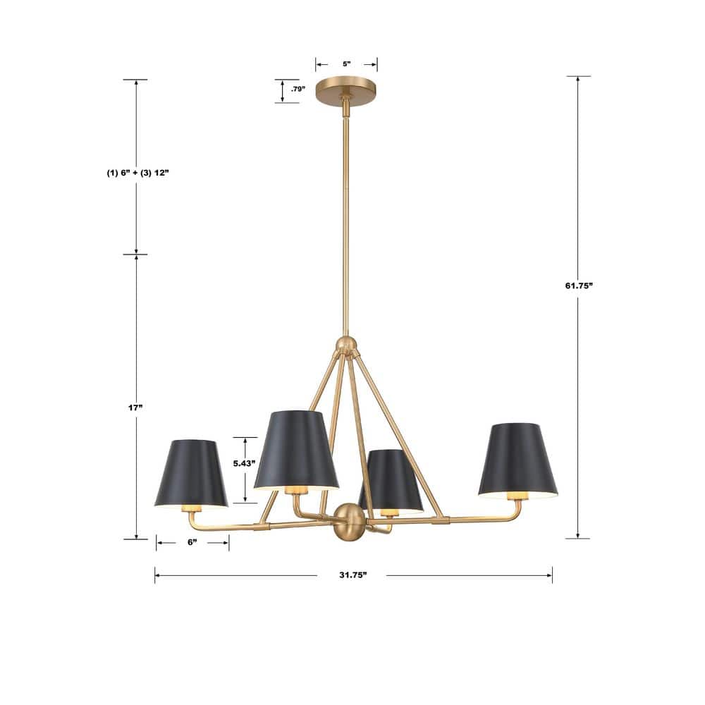 Vibrant Gold and Black Minimalist 4-Light Chandelier with Steel Cone Shades