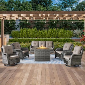 6-Piece Gray Wicker Outdoor Patio Rectangular Fire Pit Conversation Set with Gray Cushions and Swivel Rocker Chairs