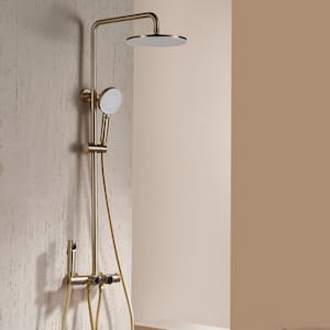 Thermostatic Shower 3-Spray 10 in. Dual Shower Head Wall Mount Fixed and Handheld Shower Head 2.64 GPM in Brushed Gold