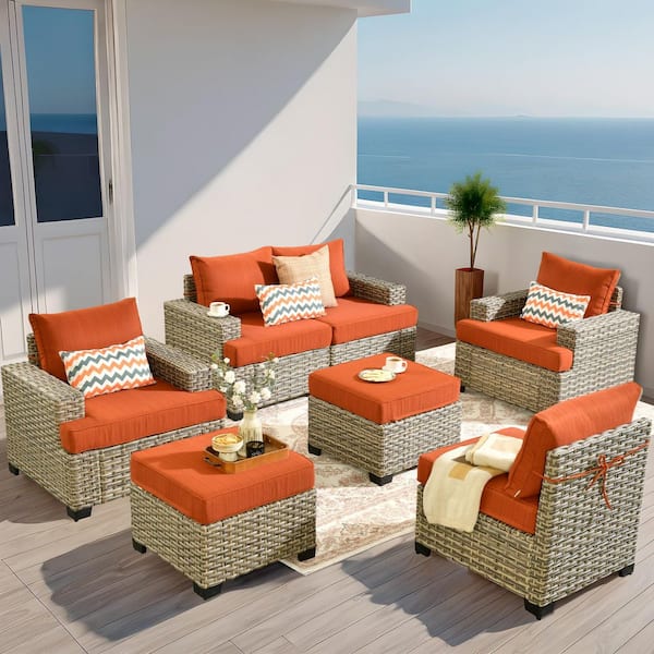Silvae Gray 7-Piece Wicker Outdoor Patio Conversation Sectional Sofa Set with Orange Red Cushion and 2 Ottomans
