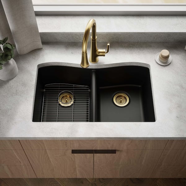 Kennon Drop-In Neoroc Granite Composite 33 in. 1-Hole Double Bowl Kitchen Sink in Matte Black with Basin Rack