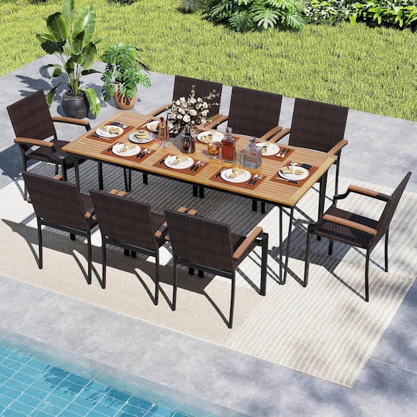 9Pieces Patio Dining Set with 79 in. Rectangular Dining Table and 8 Stackable Rattan Chairs