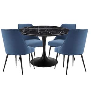 Colfax 5-Piece 45 in. Round Black Marble Table with 4-Navy Upholstered Chairs