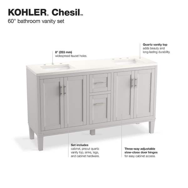 KOHLER Chesil 60in. Double Sink Freestanding Atmos Grey Bath Vanity with Bianco Bella Quartz Top Assembled