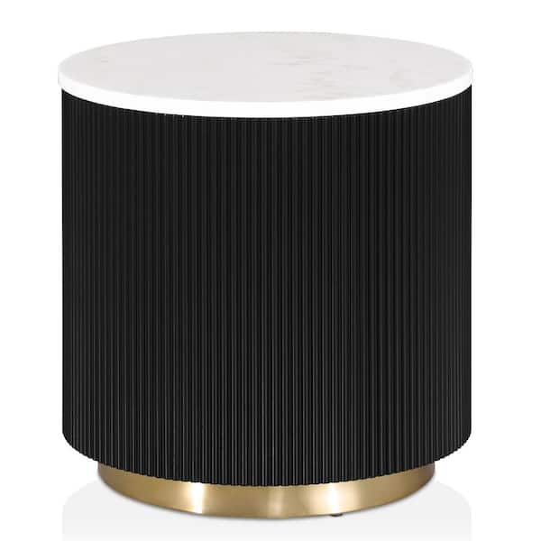 Keith 19.5 in. Black and White Round Marble Top End Table with Gold Accent Reeded Plinth Base