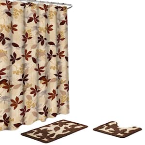 Blowing Leaves 18 in. L x 30 in. W 15-Piece Bath Rug and Shower Curtain Set in Dark Brown