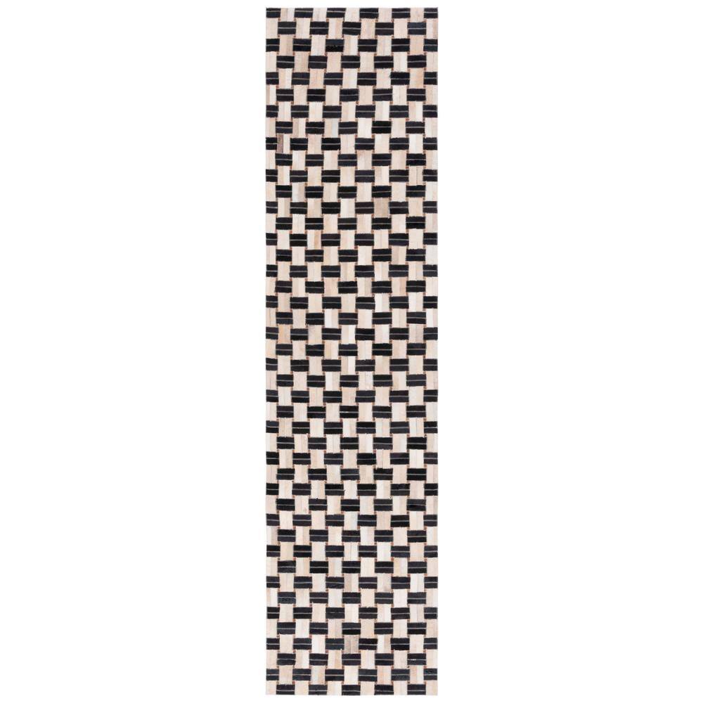 SAFAVIEH Studio Leather Black Ivory 2 ft. x 9 ft. Plaid Solid Color ...