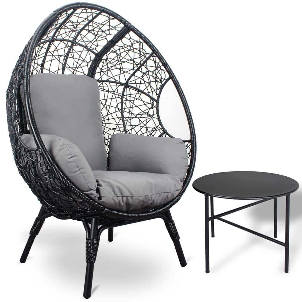 Black Wicker Patio Egg Lounge Chair with Grey Cushion and Side Table Water 