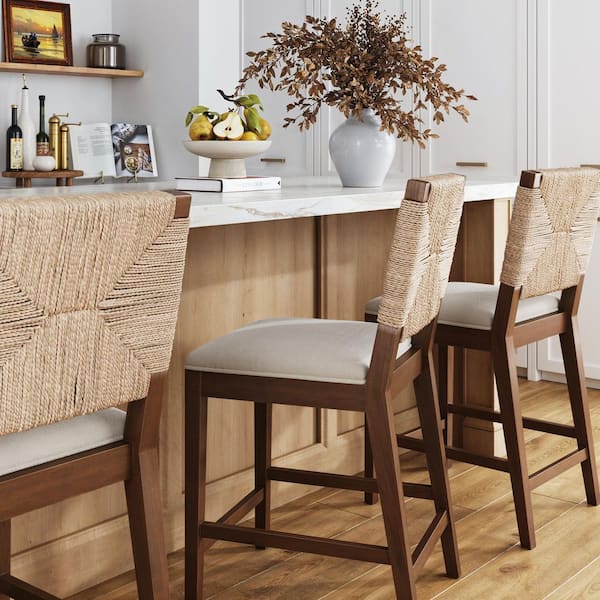 Beacon 24 in. Bohemian Dark Brown Wood Counter Height Bar Stool with Woven Back and Boucle Upholstered Seat