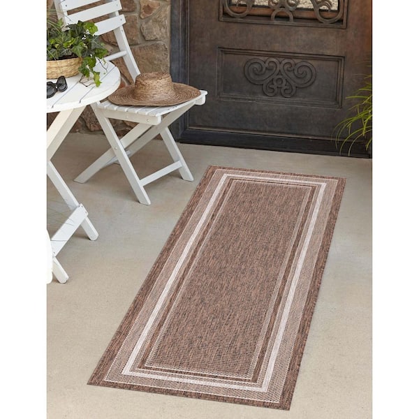 Unique Loom Solid Indoor/Outdoor Solid Rug Black/Beige 2' x 6' 1 Runner  Solid Modern Perfect For Patio Deck Garage Entryway