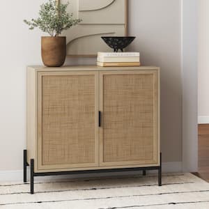 Andrew 31 in. H Bohemian Rattan Entryway Accent Storage Cabinet Sideboard, with Metal Legs, Light Oak/Matte Black
