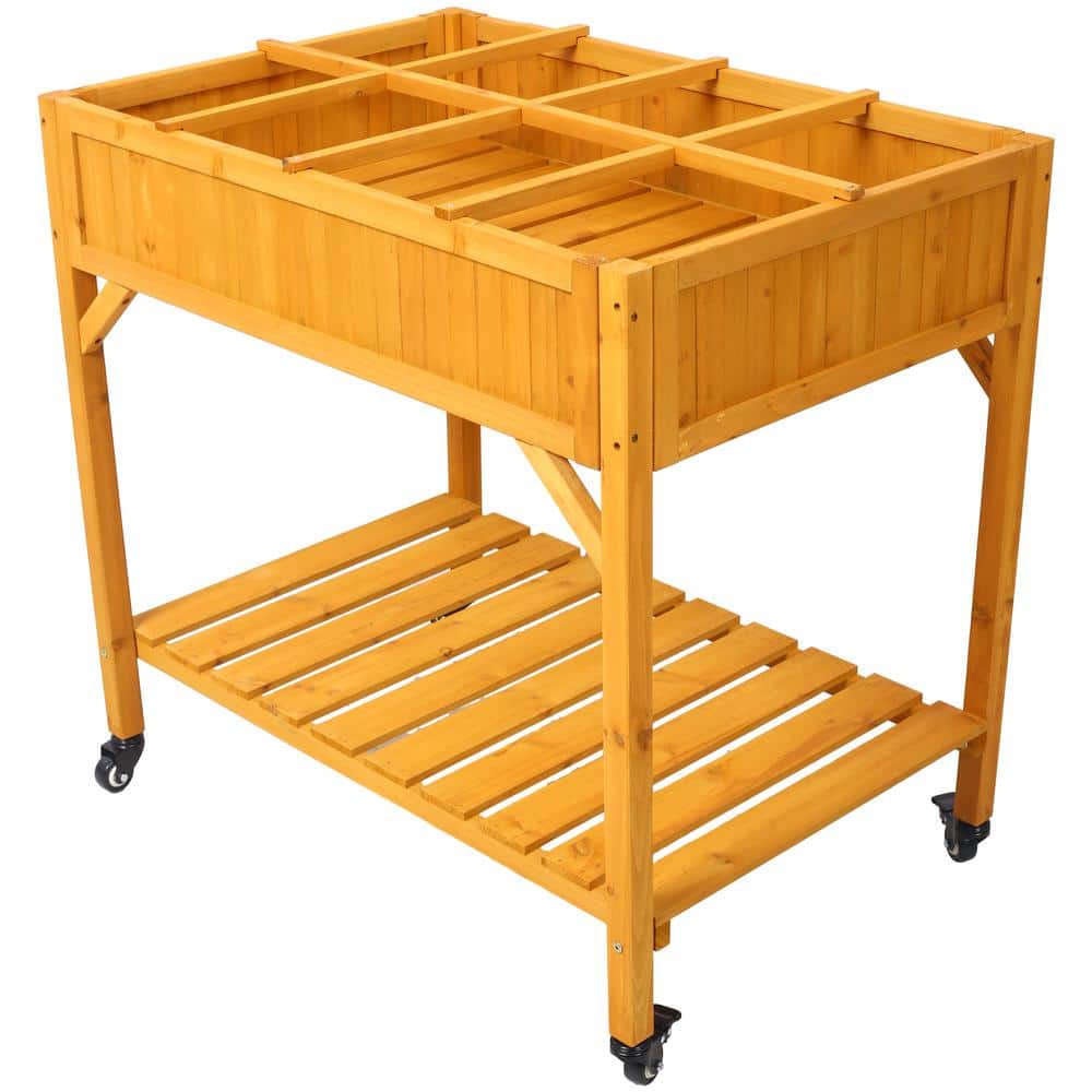 Elevated Mobile Brown Wood Herb Garden Bed with Lockable Wheels