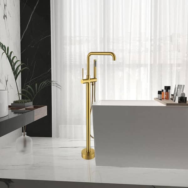 Single-Handle Freestanding Tub Faucet with Hand Shower in Brushed Brass