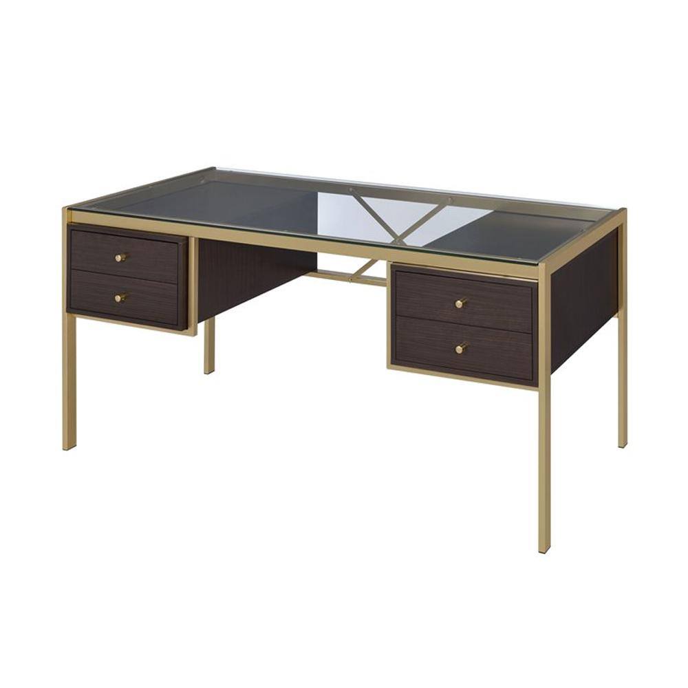 Gold and Espresso Glass Executive Desk with Drawers